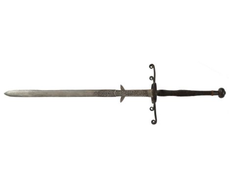 A German hand-and-a-half sword, 19th c, in 16th c style, the broad flat double-edged blade, ricasso and pointed lugs etched w