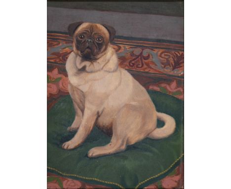 20th c School - Pug on a Green Cushion, signed Caitu, oil on board, 20 x 14.5cm ConditionWould benefit from a light clean, go