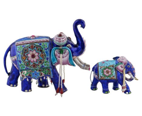 A pair of Indian silver coloured metal and 'jewelled' enamel models of an elephant and calf, 20th c, 17cm h and smaller Condi