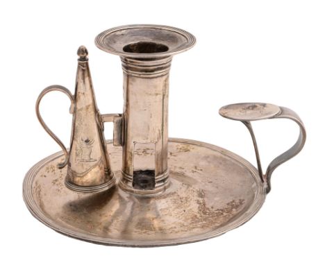 York Silver. An unusual George III chamberstick, with reeded rim, nozzle and snuffer, crested, the underside engraved as a me