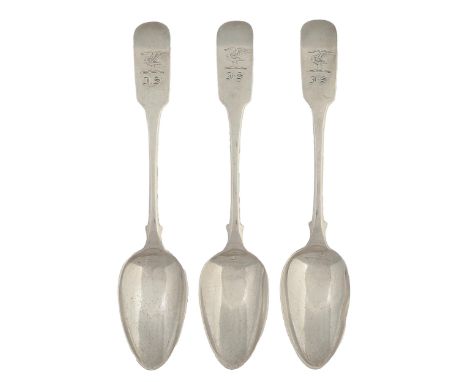 A set of three Irish George III silver tablespoons, Fiddle pattern, crested, by Samuel Neville, Dublin 1807, 7oz 8dwts Condit