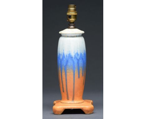 A Ruskin 'Art Craft' matt and crystalline glazed lamp, c1930, of three piece construction, 26.5cm h, impressed RUSKIN ENGLAND