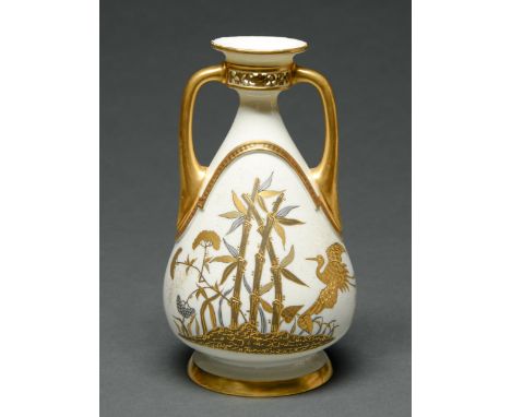 A Royal Worcester vase, c1880, of Japanese inspired decoration of storks, bamboo and butterfly and prunus with grasses attrib