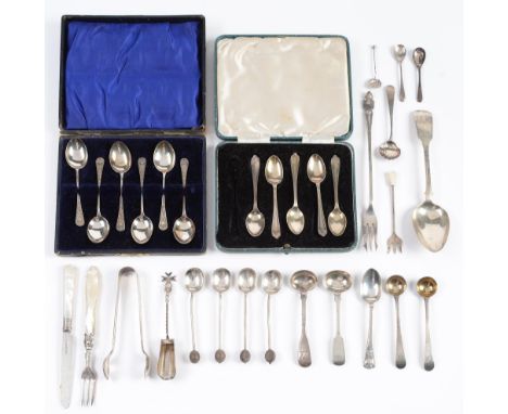 A set of six Edwardian silver coffee spoons, by A J Bailey, Birmingham 1909, another set of five, Sheffield 1932 and miscella