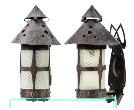 A pair of arts and crafts early electric oxidised copper wall lights, probably Birmingham School, possibly by Jesson, Birkett