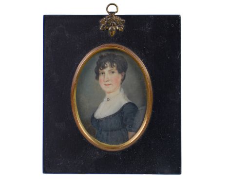 British School, early 19th c - Portrait Miniature of Elizabeth Cunningham, nee Weir, with curly black hair and rosy cheeks, i