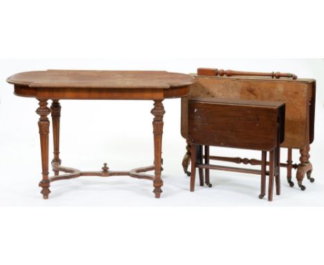 A French bow ended walnut table, late 19th c, on four leaf carved and fluted tapering legs with flat incurving stretchers, 75