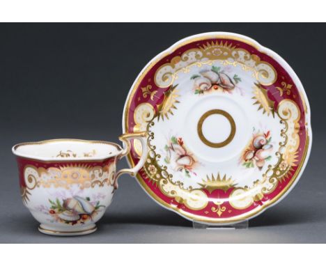 A Spode coffee cup and saucer, c1830, of Persian shaped, finely painted with seashells beneath richly gilt primrose and clare