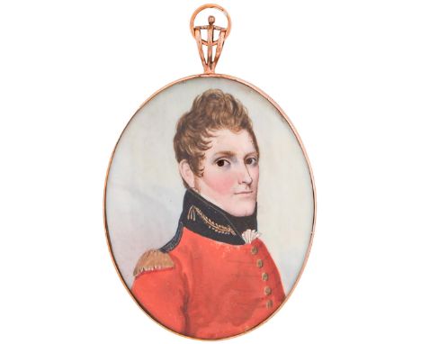 Frederick Buck (1771-1839) - Portrait miniature of an Officer, in red tunic with black collar and epaulettes, sky background,