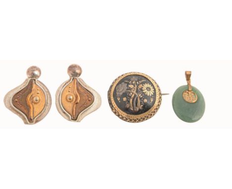 A Victorian pique brooch, 31mm diam, a Chinese jade and gold pendant and a pair of silver and porcelain earrings, Sheffield 1