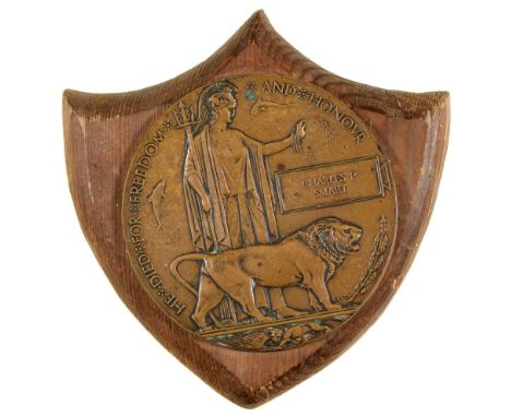 WWI Memorial Plaque Charles P Smart, mounted on wood shield  202449 Pte Charles P Smart of 14th Bn Highland Light Infantry di