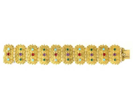 A Victorian giltmetal bracelet, of ten sections set with groups of three coloured pastes, 15.5cm l ConditionGood condition sa