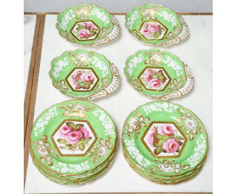 A Spode dessert service, c1820, painted to the centre with full blown cabbage roses in gilt 'envelope' frame, the vivid apple