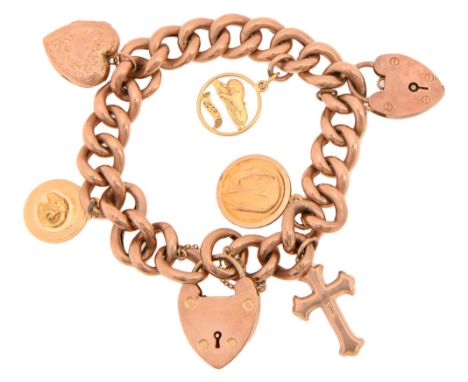 A gold charm bracelet, 20cm l, marked 9c, with 9ct gold padlock and gold charms, two marked 750, 37.8g including base metal h