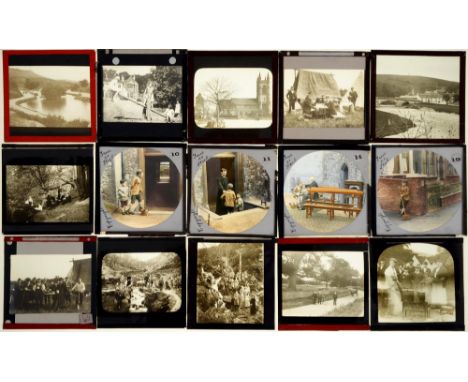 A collection of 60 x 30mm glass stereo photographs, c1920-30, a box of early 20th c magic lantern slides of Yorkshire and els