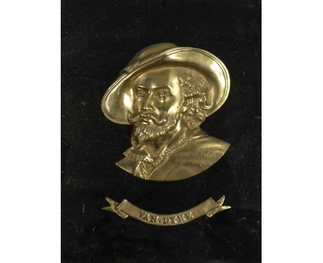 A Victorian cast brass bas relief portrait of the head of Sir Anthony van Dyck, with title label 'Van Dyke', in contemporary 