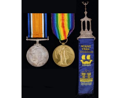 WWI pair, British War Medal and Victory Medal 270382 Spr A W Comben RE, card box and a Swedish pierced silver souvenir with b