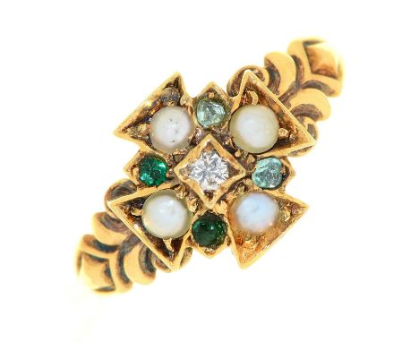 A Victorian diamond, emerald and split pearl Maltese Cross design ring, in 15ct gold, London 1873, 2.6g, size K ConditionTwo 