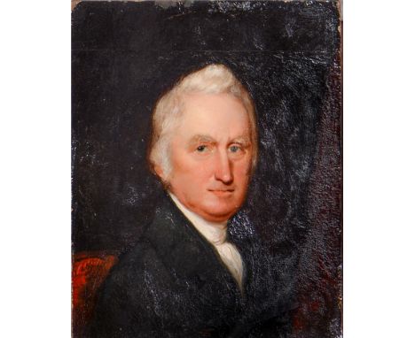 Attributed to C M Aldis (Fl. 1835-1842) - Portrait of Samuel Woods, bust length, in a black coat by red drapery, oil on paper