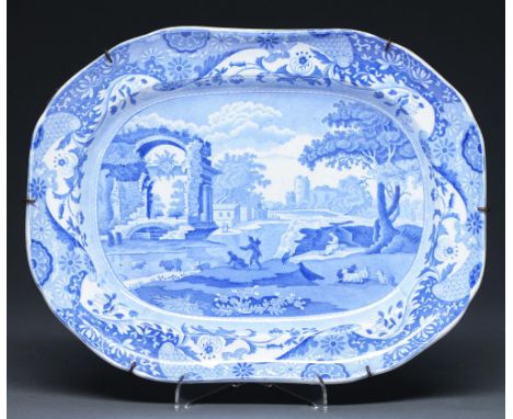 A Spode blue printed earthenware meat dish or stand, 19th c, 37.5cm l, impressed and printed marks ConditionGood condition, i