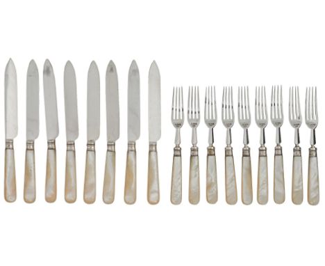 A set of eight Victorian mother of pearl hafted silver dessert knives and eight forks, by Harrison Brothers &amp; Howson, She