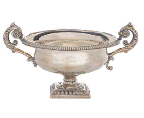 A Swiss silver sugar bowl, early 19th c, of vase shape with leafy scrolling handles, on square foot, 10cm h, apparently maker