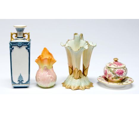 A Grainger's Worcester leaves vase, 1897, 11cm h, a Royal Worcester primrose ground inkwell and cover, a Hadley's Worcester s