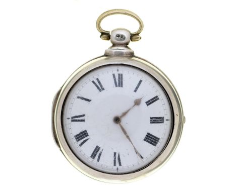 A silver pair cased verge watch, Sutton, Taunton, No 6658, with enamel dial and flat centred glass, 56mm diam, London 1833 Co