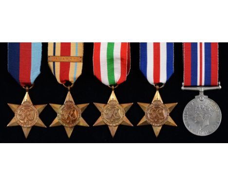 1939-1945 Star, Africa Star, First Army clasp, Italy Star, France and Germany Star and War Medal, card box addressed A E Bosw