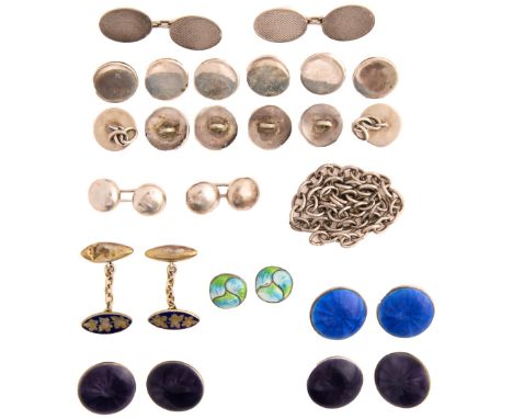 A set of four and a pair of silver and guilloche enamel buttons, 19mm, by Lawrence Emanuel, Birmingham 1910, a pair of smalle