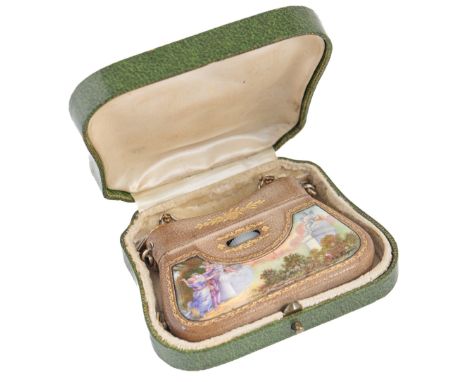 A pair of Palais Royal gilt brass, enamel and gilt tooled leather collapsible opera glasses, c1920, the enamel plaque to the 
