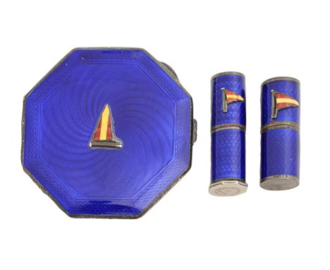 A George V octagonal silver and blue guilloche enamel compact, the lid applied with an enamel burgee, 74 x 75mm, by J W Barre