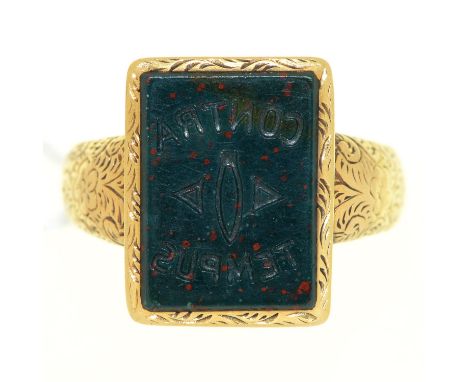 An 18ct gold signet ring, with rectangular bloodstone intaglio, London 1914, 8.7g, size Q ConditionLight wear, intaglio undam