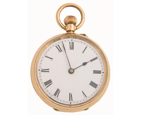 A Swiss 18ct gold keyless cylinder watch, with enamel dial, in plain case, gold cuvette engraved Kleiser &amp; Sons York, 38m