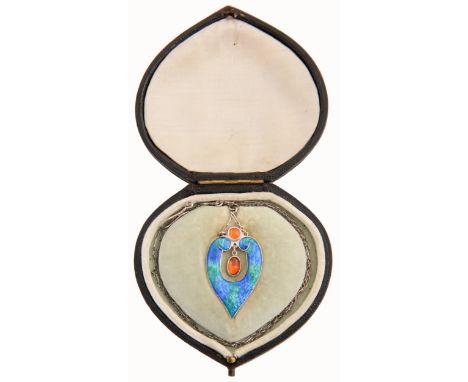 An Arts &amp; Crafts silver and guilloche enamel pendant, c1905, with two foiled amber cabochons, the back in green counter e