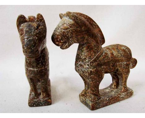 A pair of Chinese carved jade/hardstone Horses, 13cm high 