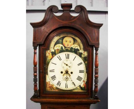 A George III oak and mahogany Longcase Clock, eight day movement on painted arched face with rolling moon phase inscribed Geo