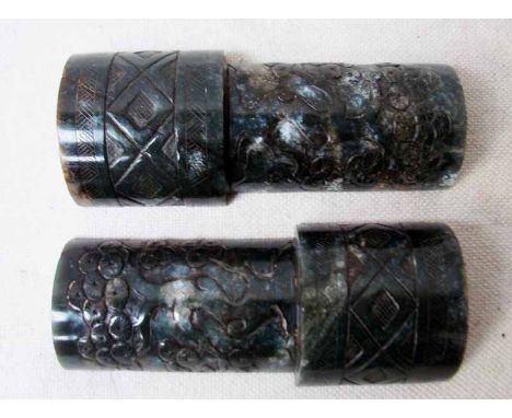 A pair of Chinese carved jade/hardstone Paperweights, low relief decoration of lotus flower, 14cm