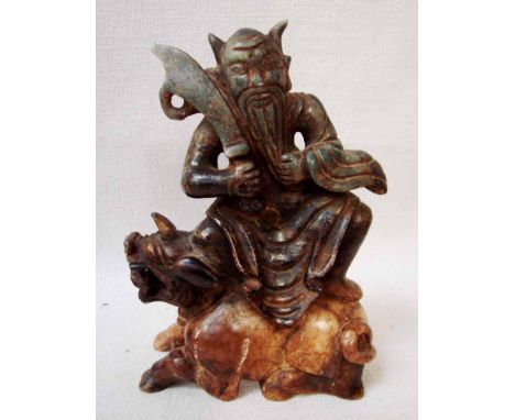 A Chinese carved jade/hardstone sculpture of a Pixu with Devil on its back, 16cm high 
