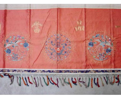 A 19th century Chinese Silk Wall Hanging, decorated in coloured threads with three circular panels depicting Dragon and Flami