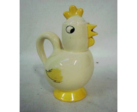 An Art Deco Milk Jug by Clarice Cliff Wilkinson Ltd., in the form of a chicken, the lid with comb shape knop, yellow and blac