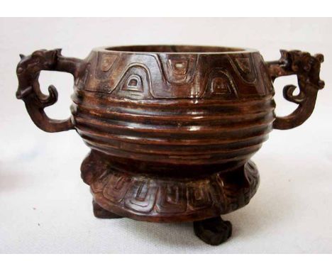 A Chinese carved jade/hardstone two-handled Incense Bowl, 18.5cm long 