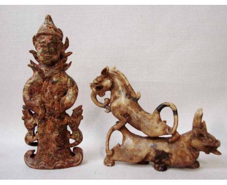 Two Chinese carved jade/hardstone Statues, one as a Holy Man the other as a Lion on a Bull, 12cm - 18cm high 