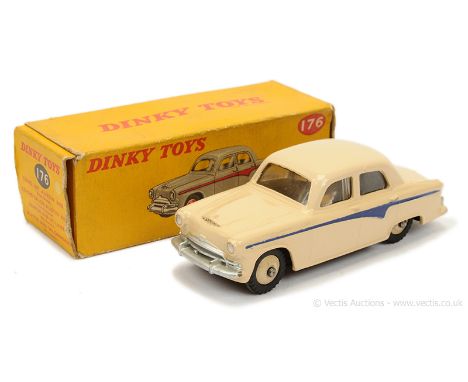 Dinky 176 Austin A105 Saloon - cream body with violet blue side flashes, silver trim, light beige ridged hubs with treaded ty