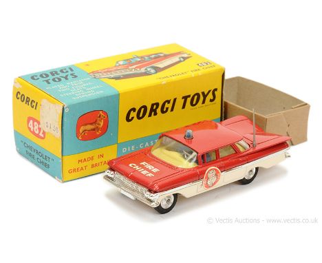 Corgi 482 Chevrolet Impala "Fire Chief" Car - two-tone red, white, lemon interior with 2 x figures, chrome flashes and trim, 