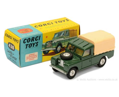 Corgi 438 Land Rover (109WB) - green body, lemon interior, cream plastic canopy, silver trim, spun hubs, metal tow hook - Nea