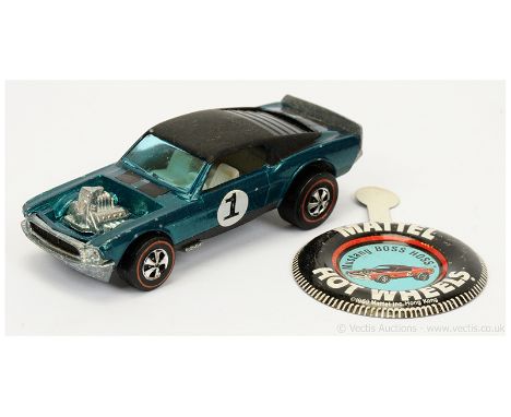 Hot Wheels (Mattel) Redline 6407 Mustang Boss Hoss - metallic green, black hood and stripe, race number 1 on doors (Hong Kong
