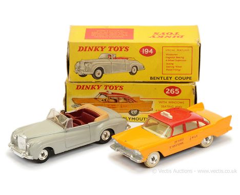 Dinky 194 Bentley Coupe - grey body, maroon interior, light beige tonneau, figure driver, chrome trim and spun hubs with trea