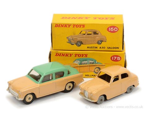 Dinky 160 Austin A30 Saloon - light tan, silver trim, solid smooth grey plastic wheels - Excellent (couple of small marks on 