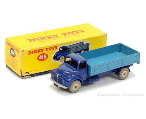 Dinky 418 Leyland Comet Wagon with Hinged Tailboard - two-tone blue, light beige supertoy hubs with grey treaded tyres, silve